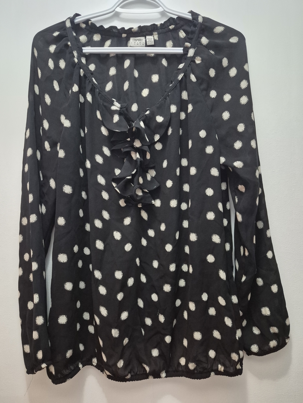 Esprit Black and White Polka Dot Ruffle-Front Blouse